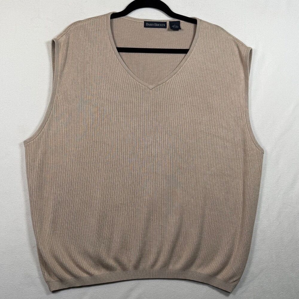 Barry Bricken 100% Silk Sweater Vest Mens Large Tan V Neck Knit Classic Golf